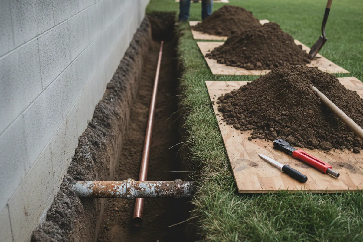 Excavated water line trench during Water Heater Repair in Box Springs